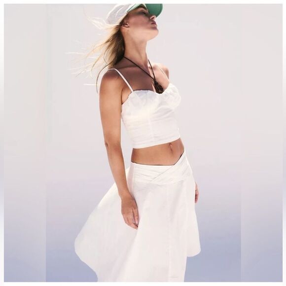 Free People White So Posh 2 Piece Midi Skirt Cami Milkmaid Crop Top Boho Set - Picture 1 of 4